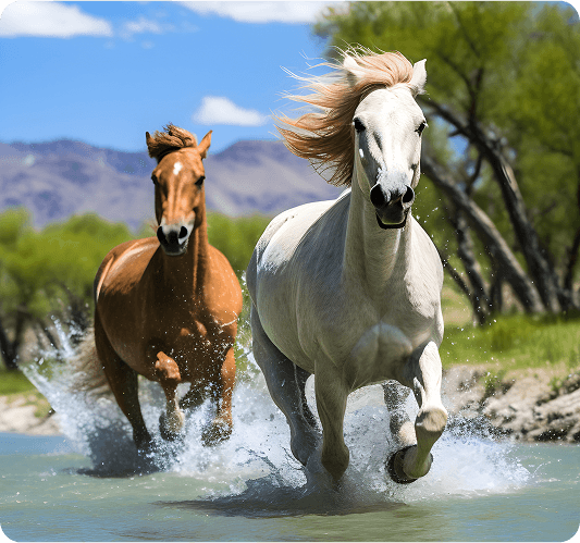 Horses running in water